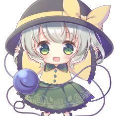 Rule 34 | 1girl, :d, black hat, blush, bow, chibi, eyeball, green eyes, green skirt, grey hair, hat, kagome f, komeiji koishi, open mouth, outstretched arms, shirt, short hair, simple background, skirt, smile, solo, touhou, white background, yellow bow, yellow shirt