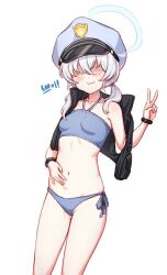 Rule 34 | 1girl, :3, bandeau, bikini, black vest, blue archive, blue bandeau, blue bikini, blue hair, blue halo, blush, breasts, collarbone, commentary request, crossed bangs, facing viewer, greenteamousou, hair over eyes, halo, hand on own stomach, hand up, hat, korean text, low twintails, navel, no eyes, peaked cap, side-tie bikini bottom, simple background, small breasts, solo, standing, stomach, string bikini, swimsuit, twintails, v, valkyrie police academy student (blue archive), vest, watch, white background, wristwatch