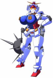Rule 34 | 1girl, android, ball and chain (weapon), breasts, frown, full body, gundam, hand on own hip, large breasts, looking at viewer, marokko (41evol), orange eyes, robot, solo, weapon