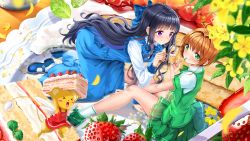 Rule 34 | &gt; &lt;, 2girls, :3, :d, all fours, antenna hair, apron, between legs, black hair, blue bow, blue dress, blue footwear, blurry, blurry foreground, blush, blush stickers, bow, brooch, brown hair, cake, cake slice, cardcaptor sakura, closed mouth, commentary request, creature, daidouji tomoyo, depth of field, dress, eating, feeding, flower, food, fork, fruit, green bow, green eyes, green footwear, green shirt, green skirt, hair bow, hand between legs, highres, holding, holding food, holding fork, jewelry, kero (cardcaptor sakura), kinomoto sakura, leaf, long hair, long sleeves, looking at viewer, mary janes, mini person, minigirl, multiple girls, on plate, open mouth, plate, pleated skirt, puffy short sleeves, puffy sleeves, purple eyes, red apron, shirt, shoes, short hair, short sleeves, sitting, skirt, sleeveless, sleeveless shirt, smile, socks, strawberry, striped, striped bow, swordsouls, very long hair, white legwear, white shirt, white wings, wings, xd, yellow flower