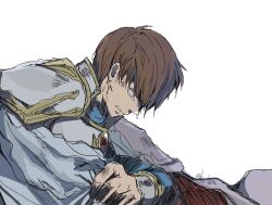 Rule 34 | 1boy, armor, breastplate, brown eyes, brown hair, clenched teeth, commentary request, crying, crying with eyes open, fire emblem, fire emblem: genealogy of the holy war, ka kutei, leif (fire emblem), male focus, nintendo, pauldrons, short hair, shoulder armor, simple background, sketch, solo, tears, teeth, upper body, white background