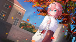 Rule 34 | 1girl, ame., autumn leaves, bag, black hairband, blue eyes, blue sky, brick wall, building, closed mouth, cloud, commentary request, day, hair between eyes, hairband, hand up, highres, holding strap, hololive, leaf, long sleeves, looking away, looking to the side, maple leaf, multicolored hair, outdoors, pink hair, pleated skirt, puffy long sleeves, puffy sleeves, red skirt, shirt, skirt, sky, smile, solo, streaked hair, takane lui, tower, tree, virtual youtuber, white hair, white shirt, window