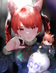 Rule 34 | 1girl, absurdres, animal ears, black background, braid, cat ears, cat girl, character doll, commentary request, dress, fingernails, green dress, highres, kaenbyou rin, long sleeves, looking at viewer, preroprot, red eyes, red hair, red nails, sharp fingernails, skull, smile, solo, touhou, twin braids
