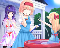 Rule 34 | 3girls, a (aaaaaaaaaaw), adapted costume, alice margatroid, alternate costume, arms up, bikini, blonde hair, blue dress, blush, bow, closed eyes, crescent, crescent hair ornament, dress, hair bow, hair ornament, hairband, hose, long hair, looking to the side, multiple girls, no headwear, open mouth, pantyhose, partially submerged, patchouli knowledge, polka dot, polka dot dress, pool, profile, puffy sleeves, purple eyes, purple hair, red bikini, shanghai doll, short hair, short sleeves, smile, striped clothes, striped dress, swimsuit, touhou, vertical stripes