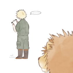 Rule 34 | ..., 1boy, animal, animal ears, aqistory, artist name, bakugou katsuki, black footwear, blonde hair, boku no hero academia, boots, commentary request, fake animal ears, from behind, green pants, green shirt, highres, holding hairband, lion, male focus, official alternate costume, pants, pants tucked in, shirt, short hair, simple background, spiked hair, spoken ellipsis, standing, thai commentary, tiger ears, white background