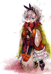Rule 34 | 1girl, bird, blue eyes, blush, boots, breath, grey hair, hair ribbon, long sleeves, mittens, one eye closed, open mouth, original, own hands together, penguin, petals, red scarf, ribbon, sasurai susuki, scarf, short hair, solo, standing, v arms, white background