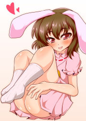 Rule 34 | 1girl, animal ears, ass, brown hair, carrot, dress, eku (threshold), gradient background, heart, inaba tewi, naughty face, rabbit ears, red eyes, short hair, smile, solo, thighs, touhou