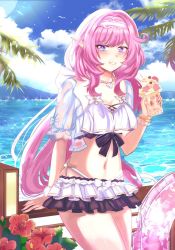 Rule 34 | 1girl, :d, bikini, blue eyes, blue sky, blush, breasts, chocola s, cleavage, cloud, cloudy sky, cup, drinking straw, elf, elysia (honkai impact), elysia (miss pink elf) (honkai impact), food, frilled bikini, frills, grin, headband, highres, holding, holding cup, honkai (series), honkai impact 3rd, ice cream, innertube, jewelry, long hair, looking at viewer, navel, necklace, open mouth, outdoors, palm tree, pink hair, pointy ears, ponytail, short sleeves, sky, smile, solo, swim ring, swimsuit, teeth, tree, water, white bikini