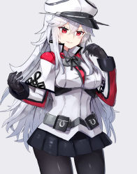 Rule 34 | 1girl, alternate costume, azur lane, bad id, bad nicoseiga id, black gloves, black pantyhose, blush, breasts, capelet, cosplay, gloves, graf zeppelin (azur lane), graf zeppelin (kancolle), graf zeppelin (kancolle) (cosplay), hat, highres, historical name connection, kantai collection, large breasts, long hair, looking at viewer, miniskirt, name connection, necktie, nonon (xenonbot), pantyhose, peaked cap, red eyes, silver hair, skirt, smile, solo