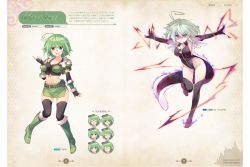 Rule 34 | 1girl, black thighhighs, braid, character name, dungeon travelers 2, full body, green eyes, green hair, highres, leotard, miniskirt, monica macy, official art, page number, scan, side braid, simple background, skirt, solo, standing, thighhighs, twin braids