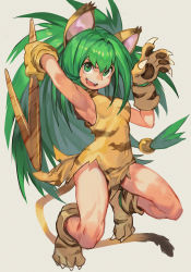 Rule 34 | 1girl, animal hands, animal print, big hair, boomerang, breasts, cat girl, cham cham, fang, full body, gloves, green hair, holding, holding weapon, huge weapon, hungry clicker, maya (culture), mexico, paw gloves, paw shoes, samurai spirits, shoes, small breasts, snk, solo, teeth, tiger print, upper teeth only, weapon
