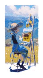 Rule 34 | 1girl, absurdres, blue skirt, brown hair, from side, full body, hat, highres, looking back, medium hair, mountain, on chair, original, paintbrush, painting (action), painting (object), sheya tin, sitting, skirt, solo, straw hat