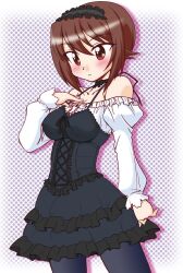 Rule 34 | 1girl, alternate costume, black choker, black dress, black hairband, black pantyhose, blush, bow choker, brown eyes, brown hair, choker, closed mouth, commentary request, cowboy shot, dress, frilled dress, frilled hairband, frilled shirt, frills, frown, girls und panzer, gothic lolita, hairband, halterneck, hand on own chest, layered dress, lolita fashion, long sleeves, nishizumi maho, off-shoulder shirt, off shoulder, oota minoru, pantyhose, polka dot, polka dot background, shadow, shirt, short dress, short hair, solo, standing, white shirt