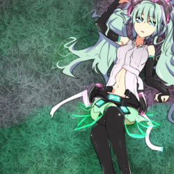 Rule 34 | 1girl, aqua eyes, aqua hair, bad hands, belt, bridal gauntlets, elbow gloves, female focus, fingerless gloves, gloves, grass, hatsune miku, hatsune miku (append), long hair, lying, mizuke, navel, on back, solo, thighhighs, twintails, very long hair, vocaloid, vocaloid append