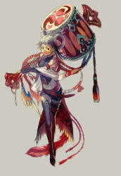 Rule 34 | bare shoulders, feathers, grey hair, mallet, new year, red eyes, rope, solo, thighhighs, yamakawa
