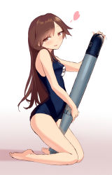 Rule 34 | 10s, 1girl, :d, alternate costume, arashio (kancolle), bare legs, barefoot, blew andwhite, brown eyes, brown hair, highres, kantai collection, kneeling, long hair, one-piece swimsuit, open mouth, school swimsuit, smile, solo, swimsuit, torpedo