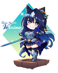 Rule 34 | 1girl, animal ears, armor, armored boots, ascot, belt, black thighhighs, blue ascot, blue gloves, blue hair, blue pupils, blue skirt, boots, breastplate, breasts, brown belt, character name, chibi, closed mouth, commentary, ear covers, ear ornament, english text, floating hair, foreshortening, full body, gloves, gradient hair, hair between eyes, hair ornament, highres, holding, holding sword, holding weapon, horse ears, horse girl, horse tail, large breasts, light smile, long hair, looking at viewer, miniskirt, mole, mole under eye, multicolored hair, navel, no nose, pleated skirt, single ear cover, skirt, solo, sparkle, standing, streaked hair, sword, tail, thighhighs, thighs, umamusume, verxina (umamusume), very long hair, warashi, weapon