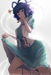 Rule 34 | 1girl, absurdres, aqua dress, aqua eyes, belt, bobby socks, breasts, chisel, clothes lift, collared vest, dress, flower, frilled dress, frills, from below, full body, gradient background, grey background, hagoromo, hair ornament, hair rings, hair stick, hands up, highres, kaku seiga, kneeling, leg ribbon, looking at viewer, medium breasts, mizuki 0630, open clothes, open mouth, open vest, puffy short sleeves, puffy sleeves, purple hair, ribbon, shawl, short hair, short sleeves, simple background, socks, solo, teeth, touhou, vest, waist ribbon