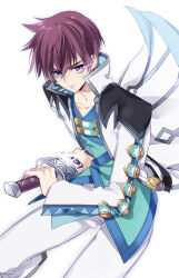 Rule 34 | 1boy, asbel lhant, blue shirt, brown hair, closed mouth, coat, collarbone, collared jacket, eye trail, fighting stance, hair between eyes, heterochromia, holding, holding sword, holding weapon, jacket, kirimi maguro, light trail, pants, shirt, short hair, sword, tales of (series), tales of graces, v-shaped eyebrows, weapon, white background, white coat, white pants