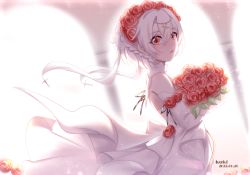 Rule 34 | 1girl, absurdres, bare shoulders, blurry, blurry background, bouquet, commentary request, cutescookie, dated, depth of field, dress, elbow gloves, flower, from side, gloves, hair between eyes, hair flower, hair ornament, highres, holding, holding bouquet, honkai (series), honkai impact 3rd, looking at viewer, looking to the side, parted lips, red eyes, red flower, red rose, rose, sleeveless, sleeveless dress, solo, theresa apocalypse, theresa apocalypse (luna kindred), wedding dress, white dress, white gloves, white hair
