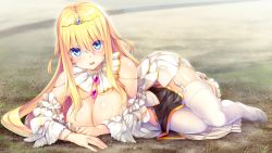 Rule 34 | 1girl, b-ginga, bare shoulders, blonde hair, blue eyes, blurry, blush, breasts, cleavage, day, depth of field, dress, eyes visible through hair, fiana kreving, frills, full body, game cg, garter straps, hair between eyes, hime to aiyoku no sacrifice, large breasts, long hair, looking at viewer, lying, non-web source, on ground, on side, outdoors, parted lips, pelvic curtain, shiny skin, sidelocks, solo, straight hair, strapless, strapless dress, sweat, thighhighs, tiara, v-shaped eyebrows, white footwear, white thighhighs