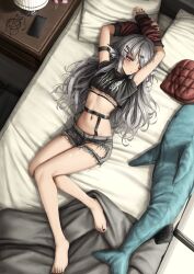Rule 34 | 1girl, absurdres, arm strap, arm warmers, barefoot, bed sheet, belt, black nails, black shirt, cellphone, crop top, desk lamp, finana ryugu, fins, fishnets, from above, goth fashion, grey hair, grey shorts, head fins, highres, ikea shark, lamp, lobsteranian, long hair, looking at viewer, lying, nail polish, navel, nightstand, nijisanji, nijisanji en, on back, on bed, one eye closed, parted lips, phone, pillow, purple eyes, shirt, short shorts, short sleeves, shorts, smartphone, solo, stomach, stuffed animal, stuffed shark, stuffed toy, toenail polish, toenails, very long hair, virtual youtuber