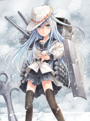 Rule 34 | 10s, 1girl, anchor, black thighhighs, blush, cannon, hammer and sickle, hat, hibiki (kancolle), kantai collection, long hair, makirin, personification, pleated skirt, silver hair, skirt, snow, snowing, solo, star (symbol), thighhighs, torpedo, verniy (kancolle)