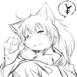 Rule 34 | 1girl, animal ears, bad id, bad pixiv id, breasts, furry, furry female, greyscale, koishi chikasa, looking at viewer, monochrome, one eye closed, original, simple background, sketch, smile, snout, solo, white background, yen sign