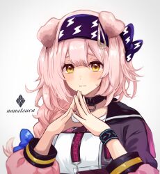 Rule 34 | 1girl, animal ears, arknights, artist name, black bracelet, black jacket, blue bow, blue hairband, blush, bow, braid, cat ears, cat girl, floppy ears, goldenglow (arknights), hair between eyes, hair bow, hair ornament, hairband, hairclip, hand up, hands up, highres, id card, infection monitor (arknights), jacket, lanyard, lightning bolt print, long hair, long sleeves, looking at viewer, multicolored clothes, multicolored jacket, nanatsuka, pink jacket, print bow, print hairband, shirt, simple background, solo, steepled fingers, sweatdrop, two-tone jacket, upper body, white background, white shirt, yellow eyes
