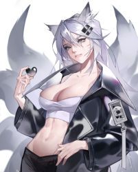 Rule 34 | 1girl, ahri (league of legends), animal ear fluff, animal ears, arknights, badao zhu ge, bandeau, black jacket, breasts, cleavage, commentary, cosplay, facial mark, grey eyes, hair between eyes, hand up, head tilt, highres, holding, jacket, lappland (arknights), lappland (arknights) (cosplay), large breasts, league of legends, long hair, long sleeves, looking at viewer, midriff, multiple tails, navel, open clothes, open jacket, scar, scar across eye, scar on face, silver hair, solo, stomach, strapless, tail, tube top, upper body, whisker markings