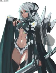 Rule 34 | 1girl, aqua eyes, bad id, bad pixiv id, breasts, cancell, holding, holding sword, holding weapon, long hair, looking at viewer, mecha musume, navel, original, silver hair, simple background, smile, solo, sword, weapon, white background