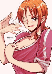 Rule 34 | 1girl, ;d, afterimage, aosora2823, blush, breasts, brown eyes, cleavage, fanning self, highres, hot, large breasts, looking at viewer, motion lines, nami (one piece), one eye closed, one piece, open mouth, orange hair, pink shirt, shirt, short hair, simple background, sleeves rolled up, smile, solo, upper body