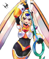 Rule 34 | 1girl, android, blush, bodystocking, byte (grunty-hag1), capcom, covered navel, helmet, holding, holding whip, open mouth, oro s, red eyes, mega man (series), rockman xover, simple background, weapon, whip, white background