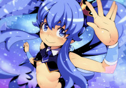 Rule 34 | 10s, 1girl, arm up, blue eyes, blue hair, blue theme, crown, cure princess, eyebrows, from above, happinesscharge precure!, long hair, magical girl, midriff, precure, shirayuki hime, smile, solo, tasaka shinnosuke, twintails, wrist cuffs