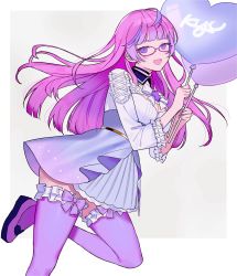 Rule 34 | 1girl, balloon, bow, breasts, character request, cleavage, cleavage cutout, clothing cutout, copyright request, glasses, gradient hair, head tilt, highres, holding, holding balloon, looking at viewer, medium breasts, multicolored hair, open mouth, pink hair, purple bow, purple eyes, purple hair, smile, solo, thighhighs, tsukura sae, virtual youtuber, white background, white bow