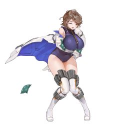 Rule 34 | 1girl, armored boots, bare shoulders, blue coat, blue leotard, boots, breasts, brown eyes, brown hair, buttons, cameltoe, coat, coat lift, covered navel, full body, game cg, hand on own cheek, hand on own face, highres, huge breasts, knees together feet apart, last origin, leotard, leotard under clothes, looking at viewer, armored boots, multicolored coat, official alternate costume, official art, one eye closed, open clothes, open coat, open mouth, rorobomb, short hair, silky (last origin), sleeves past wrists, solo, tachi-e, thigh boots, thighhighs, transparent background, white coat, white footwear, wind, wind lift