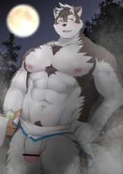 Rule 34 | 1boy, abs, absurdres, animal ears, bar censor, bara, blush, censored, chest hair, clothes lift, flaccid, full moon, furry, furry male, grey fur, grey hair, highres, horkeu kamui, ioenami, large pectorals, lifting own clothes, looking at viewer, male focus, moon, multicolored hair, muscular, muscular male, naked towel, navel, navel hair, nipples, no headwear, onsen, pectorals, penis, seductive smile, short hair, smile, solo, steam, stomach, tail, thick eyebrows, thick thighs, thighs, tokyo houkago summoners, topless male, towel, towel lift, two-tone fur, two-tone hair, wolf boy, wolf ears, wolf tail, yellow eyes
