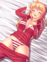 Rule 34 | 1girl, ^ ^, arm behind head, bed sheet, blonde hair, blush, bow, bow panties, breasts, cameltoe, cleavage, closed eyes, clothes pull, collarbone, cowboy shot, crotch seam, drooling, dutch angle, eyelashes, from above, hand on own chest, highres, jacket, long hair, long sleeves, lying, no bra, nottytiffy, on back, on bed, open mouth, original, panties, pants, pants pull, partially unzipped, pillow, red jacket, red panties, red pants, saliva, sleeping, solo, sportswear, striped clothes, striped panties, tiffy (nottytiffy), track jacket, track pants, track suit, underwear, zipper, zipper pull tab