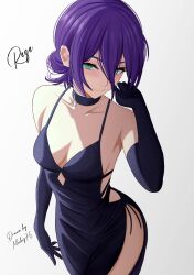 1girl artist_name black_choker black_dress black_gloves breasts chainsaw_man character_name choker closed_mouth dress elbow_gloves gloves green_eyes grenade_pin hair_between_eyes hair_bun highres mccheese purple_hair reze_(chainsaw_man) side_slit simple_background single_hair_bun small_breasts smile solo white_background