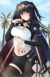 Rule 34 | 1girl, alternate costume, black cape, black eyes, black hair, black nails, black pants, black thighhighs, blue sky, blunt bangs, breasts, cape, cloud, commentary, cowboy shot, crop top, day, doiparuni, fire emblem, fire emblem awakening, fire emblem engage, hand up, highres, large breasts, leggings, long hair, long sleeves, looking at viewer, midriff, nail polish, navel, nintendo, pants, sage outfit (fire emblem engage), single thighhigh, sky, solo, standing, stomach, tharja (fire emblem), thighhighs, tree, two side up, very long hair