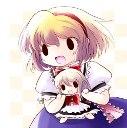 Rule 34 | 0 0, 1girl, :3, :d, alice margatroid, blonde hair, bow, carrying, chibi, doll, female focus, hair bow, hairband, highres, o o, open mouth, shanghai doll, short hair, smile, solid oval eyes, solo, touhou, yume shokunin