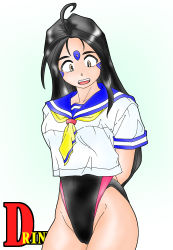 Rule 34 | aa megami-sama, black hair, brown eyes, competition swimsuit, facial mark, forehead mark, long hair, non-web source, one-piece swimsuit, school uniform, serafuku, skuld (aa megami-sama), surprised, swimsuit, swimsuit under clothes