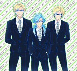 Rule 34 | 3boys, bespectacled, blonde hair, blue hair, cosplay, dramatical murder, earrings, formal, glasses, hands in pockets, height difference, ishi shi, jewelry, looking at viewer, male focus, multiple boys, necktie, plaid, plaid necktie, plaid neckwear, seragaki aoba, smile, spiked hair, suit, trip (dramatical murder), virus (dramatical murder), virus (dramatical murder) (cosplay)