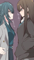 Rule 34 | 2girls, antenna hair, black jacket, black skirt, blue necktie, breasts, brown background, brown hair, closed mouth, coat, commentary request, crying, crying with eyes open, face-to-face, gakuen idolmaster, green eyes, green shirt, grey coat, hands in pockets, hands on own hips, highres, idolmaster, idolmaster cinderella girls, jacket, light blush, long hair, long sleeves, looking at another, medium breasts, multiple girls, necktie, profile, scared, serebi ryousangata, serious, shibuya rin, shirt, sidelocks, skirt, sweat, tears, trembling, tsukimura temari, v-shaped eyebrows, wavy mouth, white shirt