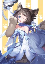 Rule 34 | 1girl, absurdres, animal ears, animal hands, blue dress, blue eyes, brown hair, cat ears, cat girl, cat paws, cat tail, character request, chicken (dalg-idalg), dress, forever 7th capital, highres, looking at viewer, one eye closed, open mouth, short hair, simple background, sitting, solo, tail, tears, yawning