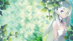 Rule 34 | 10s, 1girl, arms behind back, bare shoulders, blurry, blush, breasts, bush, chaika trabant, cleavage, dated, depth of field, detached collar, dress, eyebrows, from side, hair between eyes, hairband, highres, hitsugi no chaika, jewelry, lace, leaf, light smile, lolita hairband, long hair, looking at viewer, namaniku atk, nature, neck ribbon, necklace, outdoors, pendant, purple eyes, ribbon, sideboob, small breasts, smile, solo, sundress, very long hair, white dress, white hair