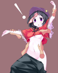 Rule 34 | !, 1girl, arm up, batsu, black hair, blush, breasts, clothes lift, clothes pull, covered erect nipples, female focus, grey hair, groin, hat, holding another&#039;s wrist, jiangshi, miyako yoshika, multiple hands, navel, no bra, no panties, ofuda, pale skin, purple eyes, shirt lift, short hair, simple background, skirt, skirt pull, solo, star (symbol), surprised, torso grab, touhou, underboob, undressing