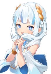 Rule 34 | 1girl, absurdres, ancient greek clothes, blue eyes, blue hair, blue nails, blush, bracelet, gawr gura, gawr gura (party dress), greco-roman clothes, hair ornament, highres, holding, holding hair, hololive, hololive english, holomyth, jewelry, long hair, looking at viewer, multicolored hair, nail polish, open mouth, shark, sharp teeth, simple background, solo, streaked hair, teeth, virtual youtuber, wep16night, white background