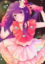 Rule 34 | 1girl, arms up, double v, dress, frilled dress, frilled gloves, frills, gloves, hair ornament, hair ribbon, highres, hoshino ai (oshi no ko), idol clothes, lalachan208, long hair, looking at viewer, one side up, oshi no ko, pink dress, pink gloves, pink ribbon, purple eyes, purple hair, rabbit hair ornament, ribbon, short sleeves, solo, star-shaped pupils, star (symbol), star in eye, symbol-shaped pupils, symbol in eye, tongue, tongue out, turtleneck, turtleneck dress, v