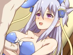 Rule 34 | 1boy, 1girl, :d, ange vierge, animal ears, bare shoulders, blue leotard, blush, breasts, censored, cleavage, clothed female nude male, code omega 00 euphiria, fake animal ears, hetero, large breasts, leotard, long hair, mosaic censoring, nude, open mouth, paizuri, penis, perpendicular paizuri, playboy bunny, purple eyes, rabbit ears, silver hair, smile, yamiochi umekichi